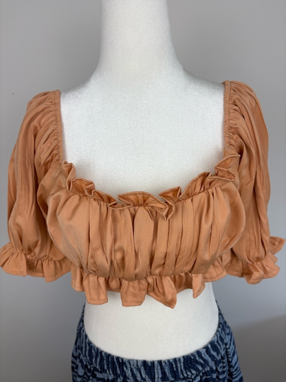 Ruched Puff-Sleeve Crop Top Peachy Beige Size Small Square Neck Coquette Girlie